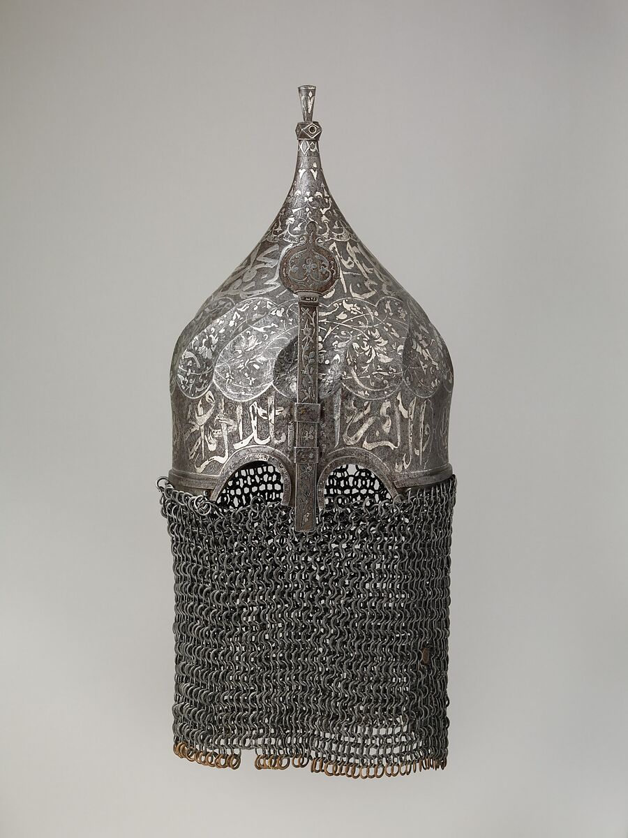 Helmet with Aventail, Steel, iron, silver, copper alloy, Turkish, in the style of Turkman armor