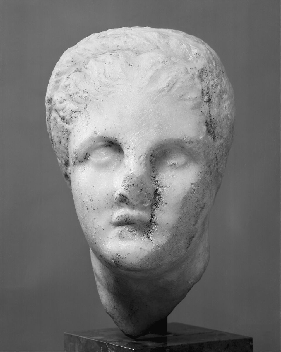 Marble head of a girl probably from a stele (grave marker), Marble, Pentelic, Greek 