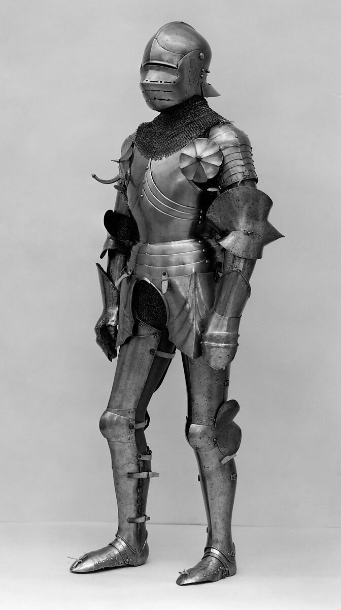 Composed Armor, Right pauldron (shoulder defense) marked by Matthes Deutsch (German, Landshut, documented 1485–1505), Steel, iron, copper alloy (latten), leather, brass, European, Italian and German 
