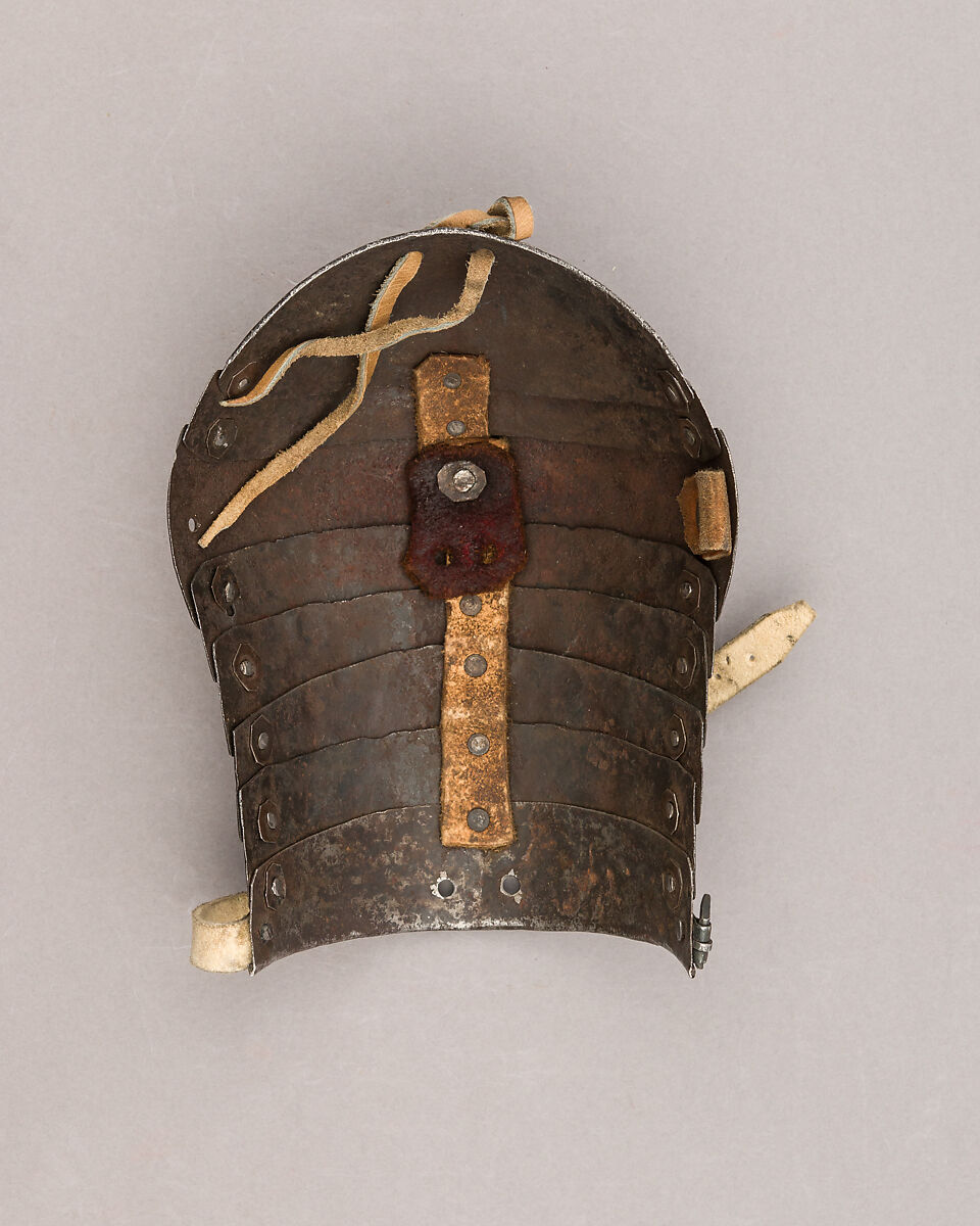 Composed Armor, Right pauldron (shoulder defense) marked by Matthes Deutsch (German, Landshut, documented 1485–1505), Steel, iron, copper alloy (latten), leather, brass, European, Italian and German