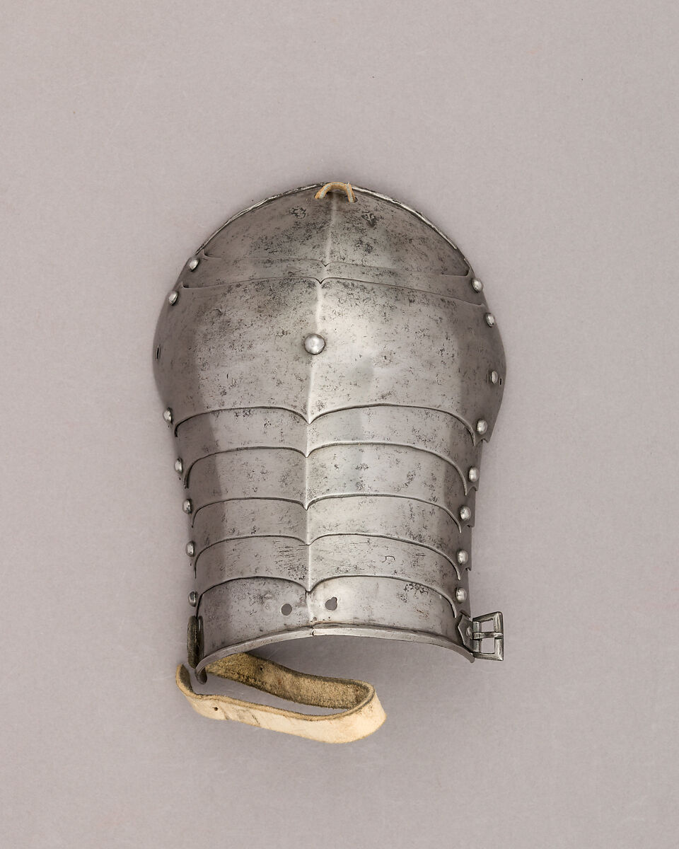 Composed Armor, Right pauldron (shoulder defense) marked by Matthes Deutsch (German, Landshut, documented 1485–1505), Steel, iron, copper alloy (latten), leather, brass, European, Italian and German