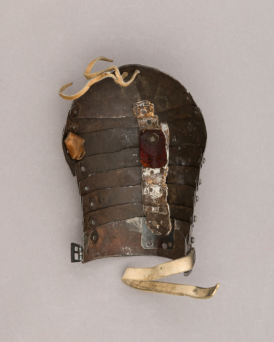 Composed Armor, Right pauldron (shoulder defense) marked by Matthes Deutsch (German, Landshut, documented 1485–1505), Steel, iron, copper alloy (latten), leather, brass, European, Italian and German