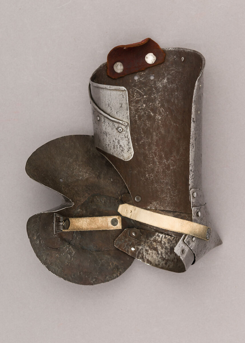 Composed Armor, Right pauldron (shoulder defense) marked by Matthes Deutsch (German, Landshut, documented 1485–1505), Steel, iron, copper alloy (latten), leather, brass, European, Italian and German