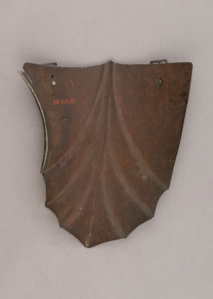 Composed Armor, Right pauldron (shoulder defense) marked by Matthes Deutsch (German, Landshut, documented 1485–1505), Steel, iron, copper alloy (latten), leather, brass, European, Italian and German