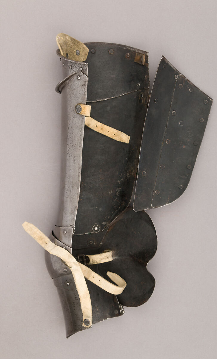 Composed Armor, Right pauldron (shoulder defense) marked by Matthes Deutsch (German, Landshut, documented 1485–1505), Steel, iron, copper alloy (latten), leather, brass, European, Italian and German