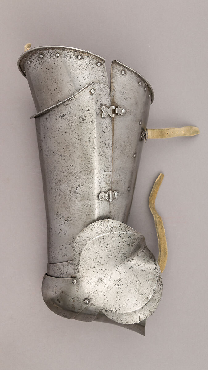 Composed Armor, Right pauldron (shoulder defense) marked by Matthes Deutsch (German, Landshut, documented 1485–1505), Steel, iron, copper alloy (latten), leather, brass, European, Italian and German