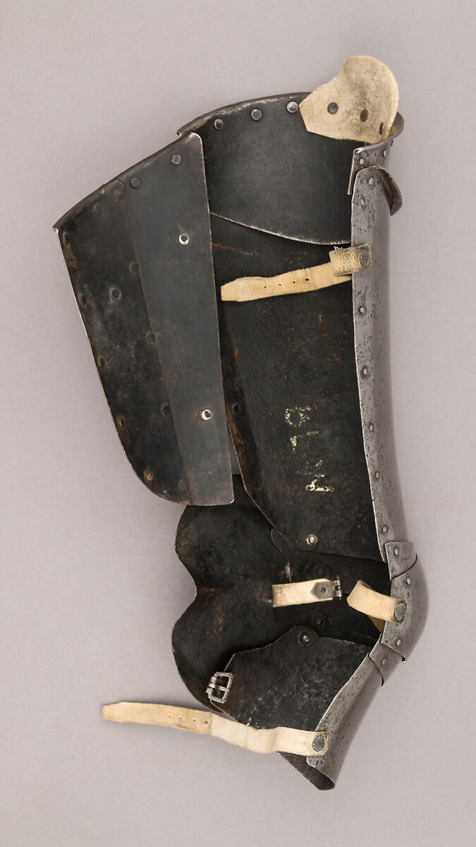 Composed Armor, Right pauldron (shoulder defense) marked by Matthes Deutsch (German, Landshut, documented 1485–1505), Steel, iron, copper alloy (latten), leather, brass, European, Italian and German