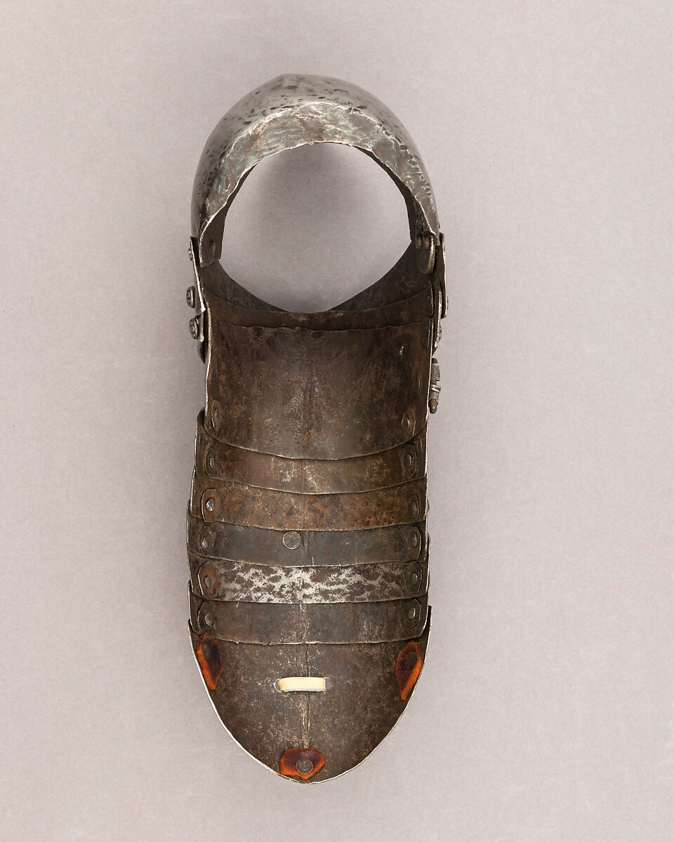 Composed Armor, Right pauldron (shoulder defense) marked by Matthes Deutsch (German, Landshut, documented 1485–1505), Steel, iron, copper alloy (latten), leather, brass, European, Italian and German