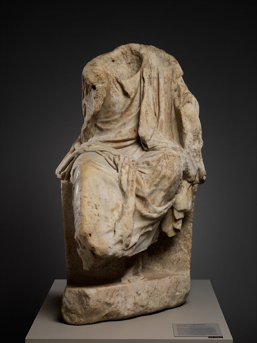 Marble statue of a draped seated man, Signed by Zeuxis as sculptor, Marble, Pentelic, Roman 