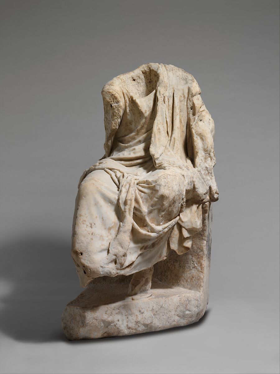Marble statue of a draped seated man, Signed by Zeuxis as sculptor, Marble, Pentelic, Roman