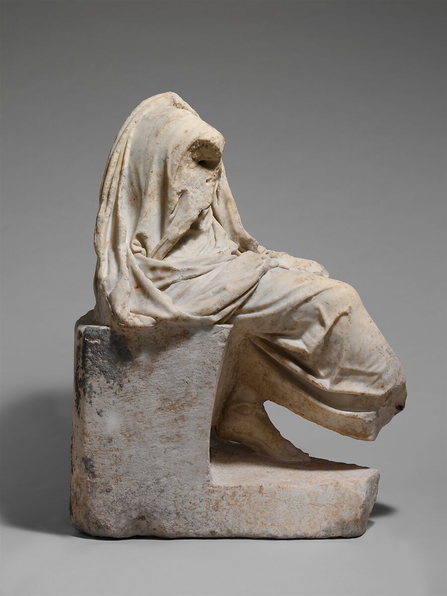 Marble statue of a draped seated man, Signed by Zeuxis as sculptor, Marble, Pentelic, Roman