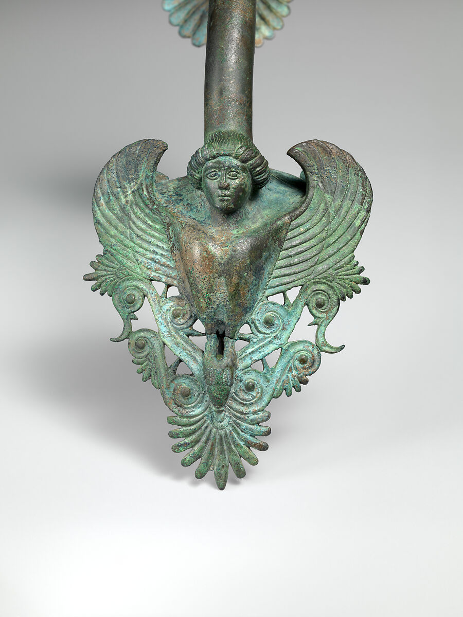 Bronze handle of a hydria (water jar), Bronze, Greek