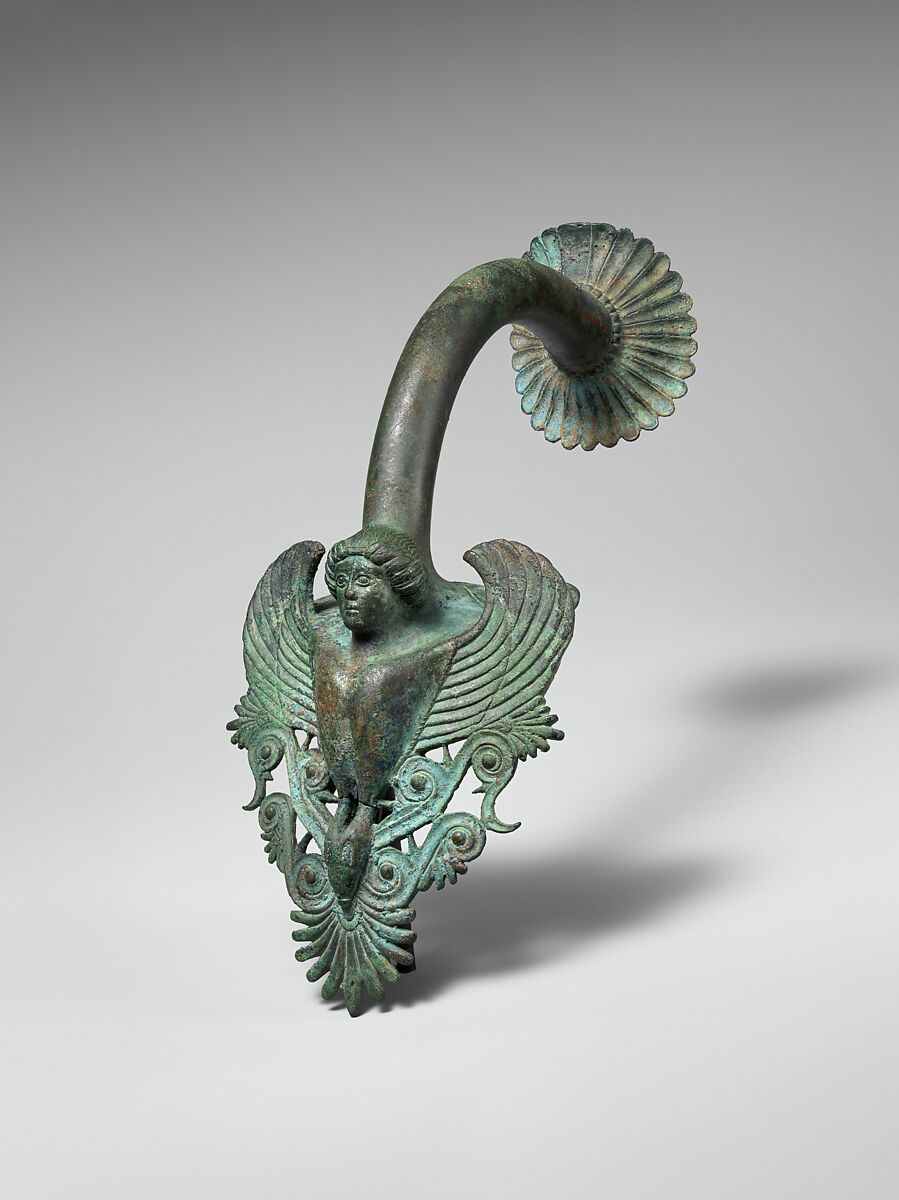 Bronze handle of a hydria (water jar), Bronze, Greek 