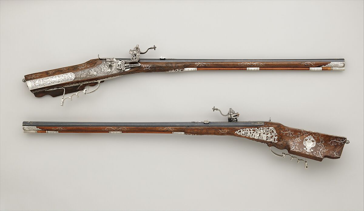 Pair of Wheellock Rifles Made for Emperor Leopold I (1640–1705), Caspar Neireiter (Bohemian, Prague, recorded 1667–ca. 1730), Steel, silver, wood (walnut), Bohemian, Prague 