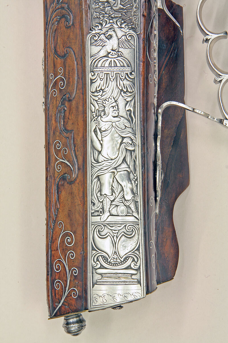 Pair of Wheellock Rifles Made for Emperor Leopold I (1640–1705), Caspar Neireiter (Bohemian, Prague, recorded 1667–ca. 1730), Steel, silver, wood (walnut), Bohemian, Prague