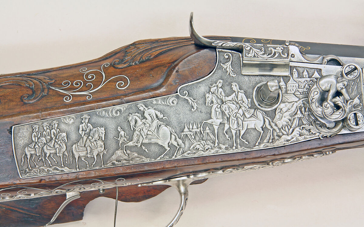 Pair of Wheellock Rifles Made for Emperor Leopold I (1640–1705), Caspar Neireiter (Bohemian, Prague, recorded 1667–ca. 1730), Steel, silver, wood (walnut), Bohemian, Prague