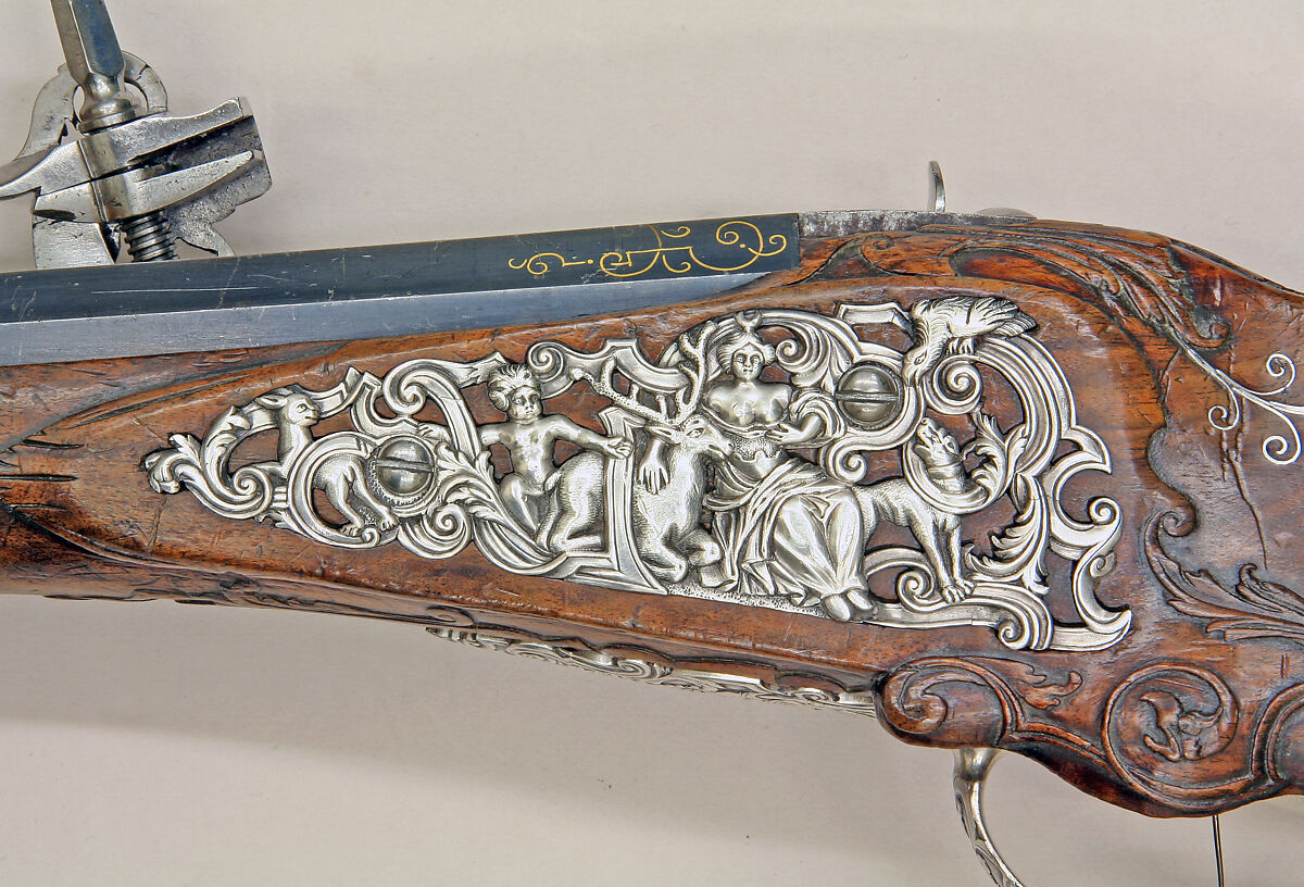 Pair of Wheellock Rifles Made for Emperor Leopold I (1640–1705), Caspar Neireiter (Bohemian, Prague, recorded 1667–ca. 1730), Steel, silver, wood (walnut), Bohemian, Prague