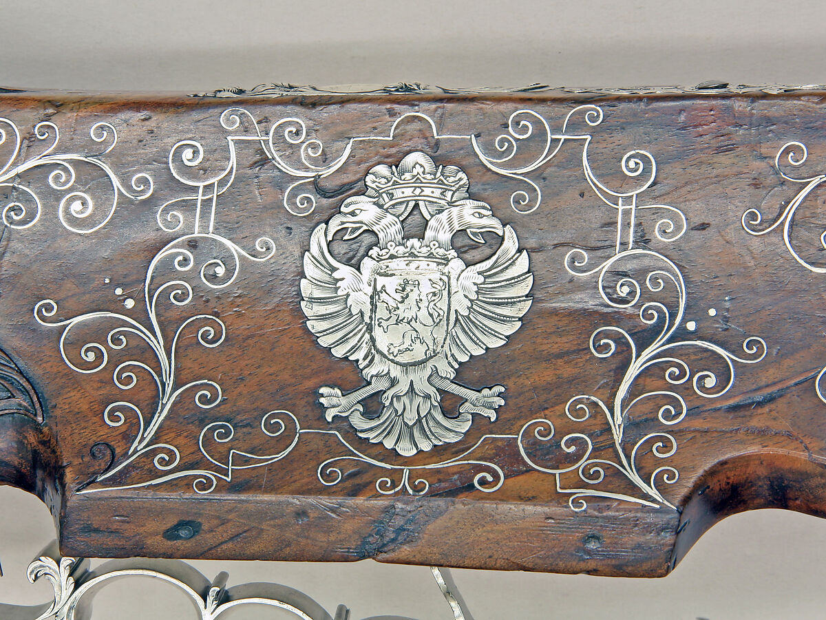 Pair of Wheellock Rifles Made for Emperor Leopold I (1640–1705), Caspar Neireiter (Bohemian, Prague, recorded 1667–ca. 1730), Steel, silver, wood (walnut), Bohemian, Prague