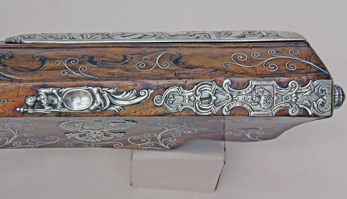 Pair of Wheellock Rifles Made for Emperor Leopold I (1640–1705), Caspar Neireiter (Bohemian, Prague, recorded 1667–ca. 1730), Steel, silver, wood (walnut), Bohemian, Prague