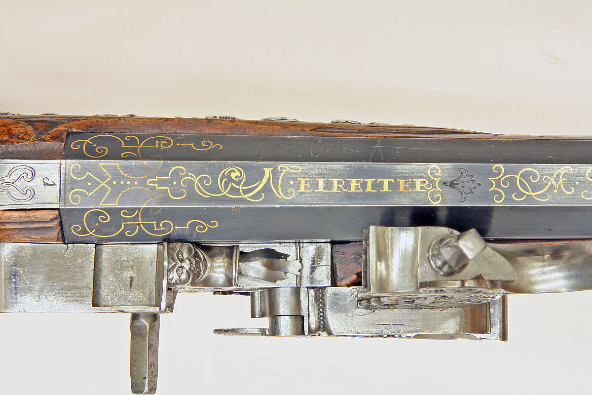 Pair of Wheellock Rifles Made for Emperor Leopold I (1640–1705), Caspar Neireiter (Bohemian, Prague, recorded 1667–ca. 1730), Steel, silver, wood (walnut), Bohemian, Prague