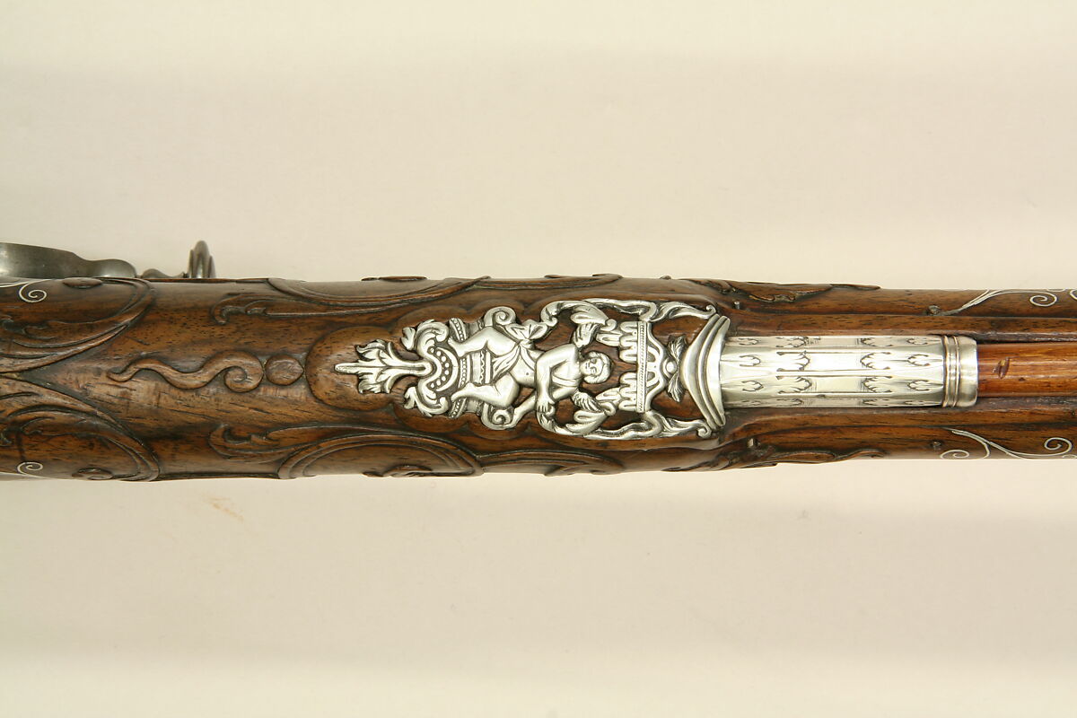 Pair of Wheellock Rifles Made for Emperor Leopold I (1640–1705), Caspar Neireiter (Bohemian, Prague, recorded 1667–ca. 1730), Steel, silver, wood (walnut), Bohemian, Prague