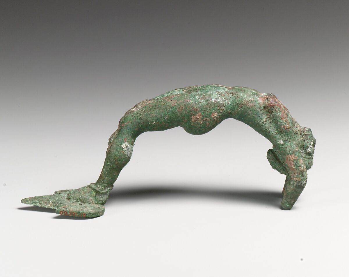 Handle of a cista with girl, Bronze, Etruscan 