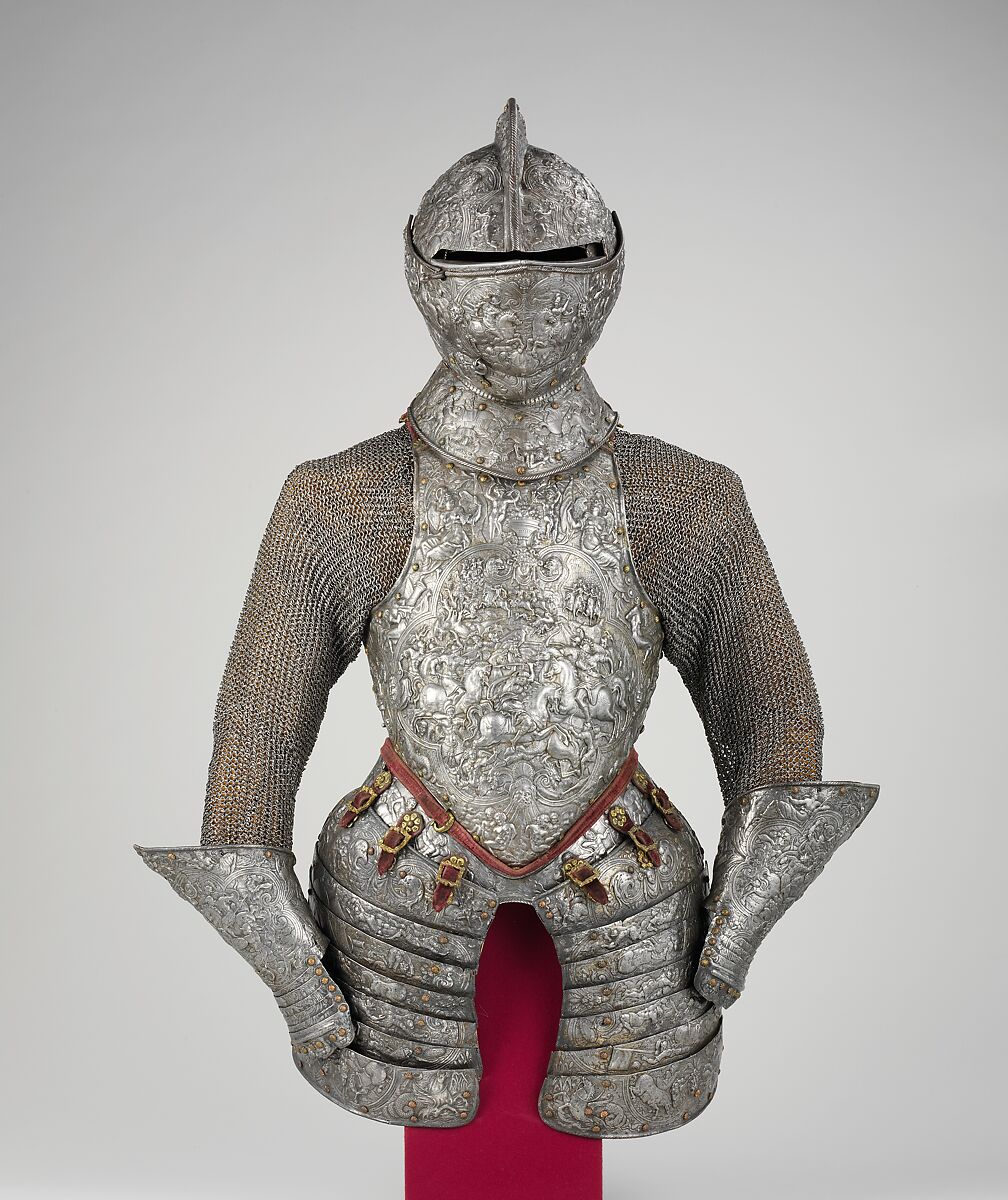 Portions of a Ceremonial Armor, Steel, copper alloy, gold, leather, textile, French