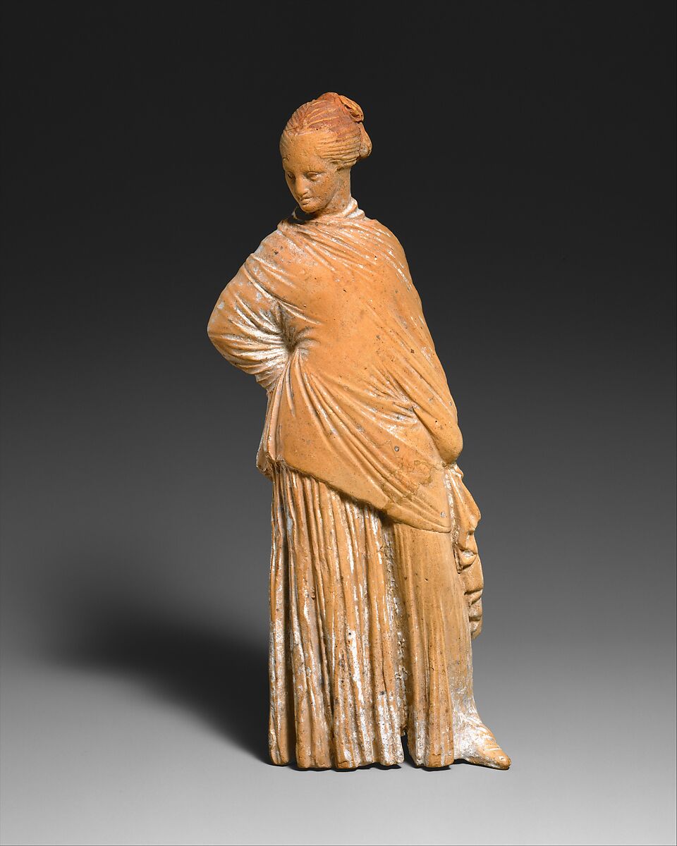 Terracotta statuette of a standing woman, Terracotta, Greek, probably Boeotian 
