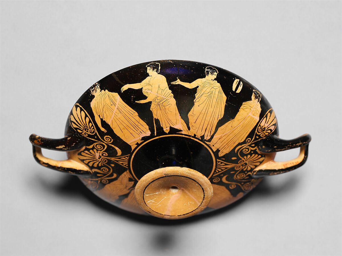 Terracotta kylix (drinking cup), Attributed to the Washing Painter, Terracotta, Greek, Attic 