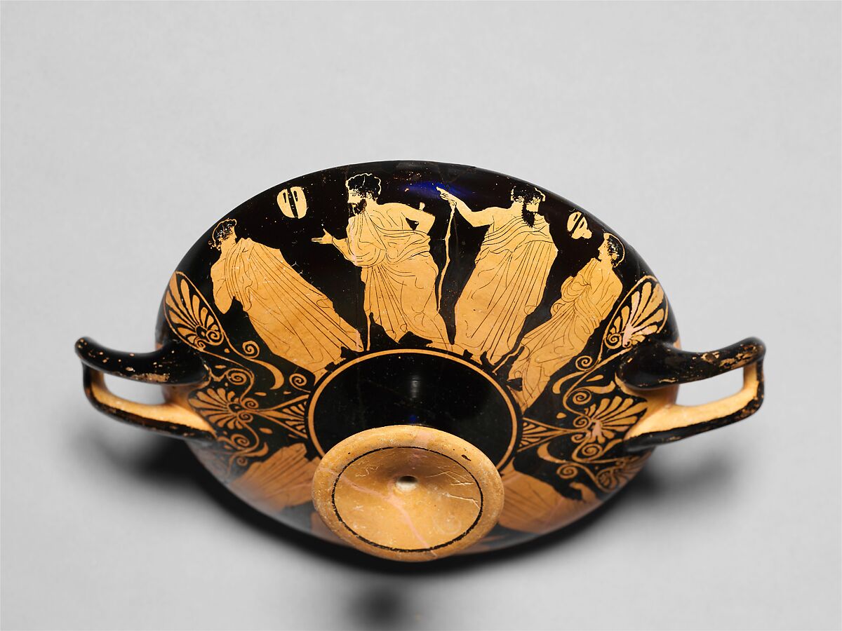 Terracotta kylix (drinking cup), Attributed to the Washing Painter, Terracotta, Greek, Attic