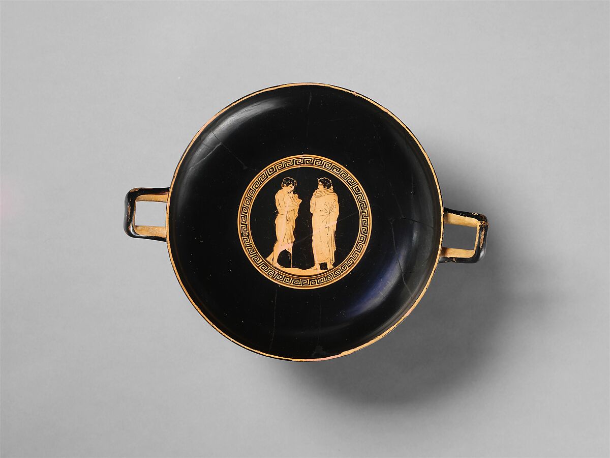 Terracotta kylix (drinking cup), Attributed to the Washing Painter, Terracotta, Greek, Attic