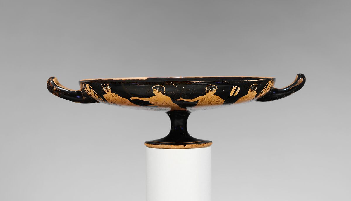 Terracotta kylix (drinking cup), Attributed to the Washing Painter, Terracotta, Greek, Attic