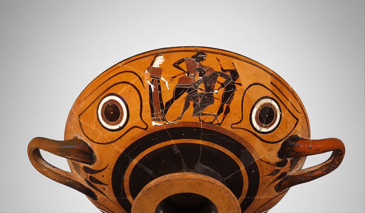 Terracotta kylix: eye-cup (drinking cup), Terracotta, Greek, Attic 