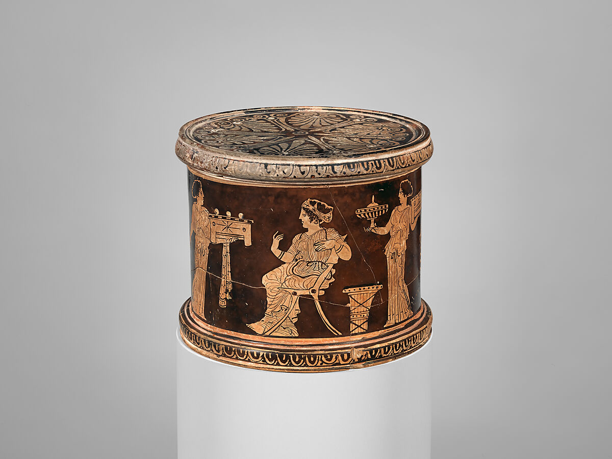 Terracotta pyxis (box), Attributed to the manner of the Meidias Painter, Terracotta, Greek, Attic