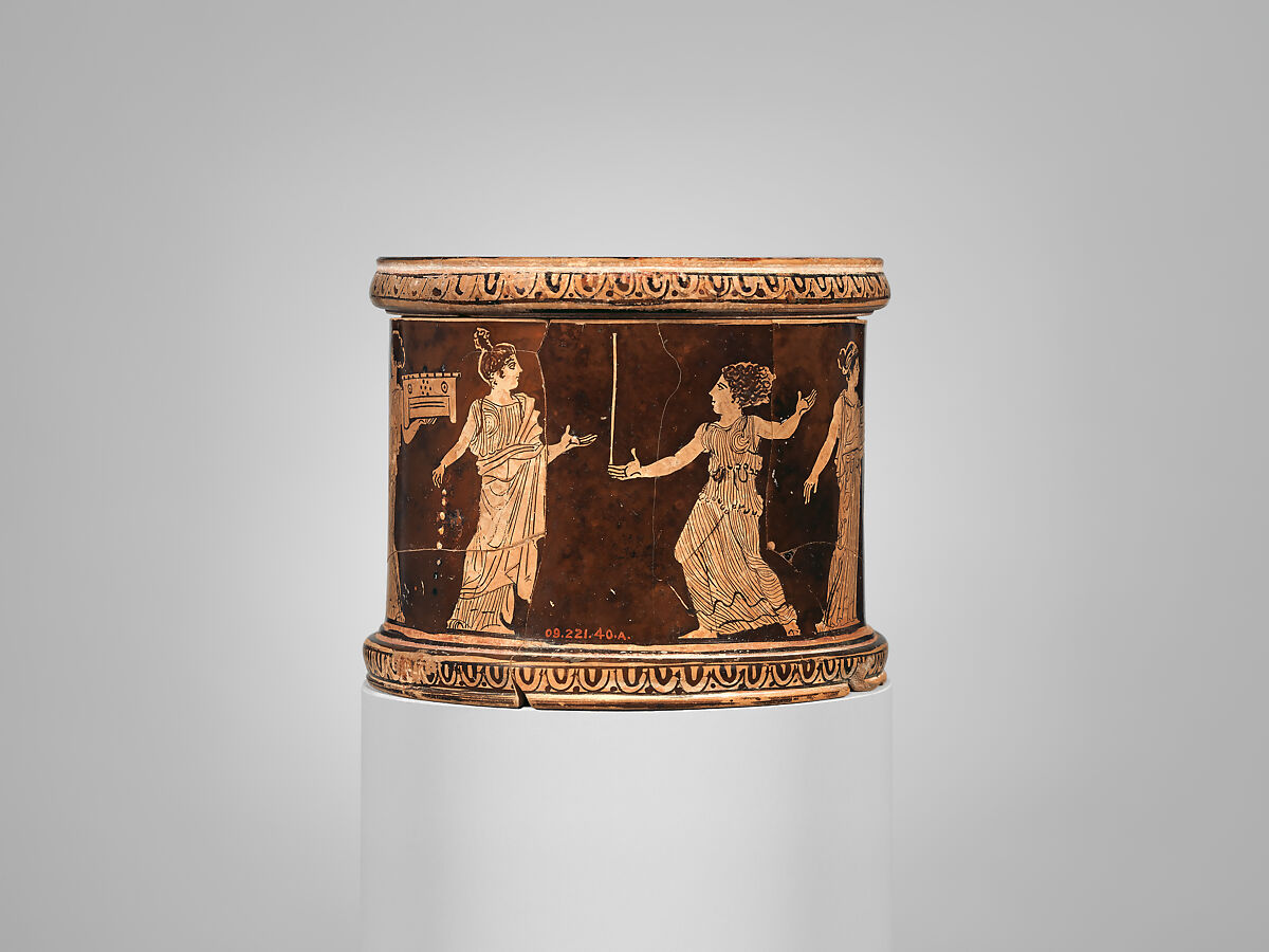 Terracotta pyxis (box), Attributed to the manner of the Meidias Painter, Terracotta, Greek, Attic 