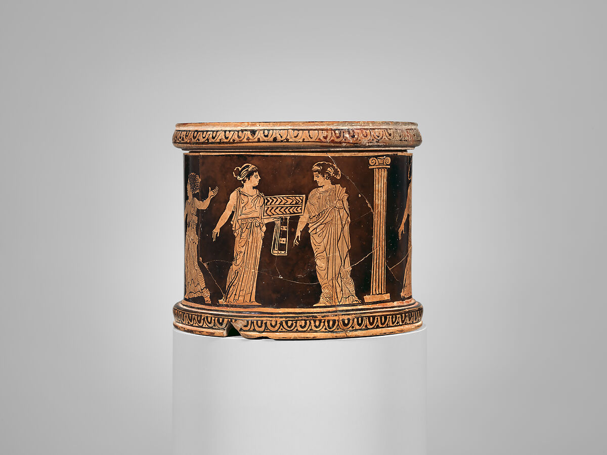 Terracotta pyxis (box), Attributed to the manner of the Meidias Painter, Terracotta, Greek, Attic