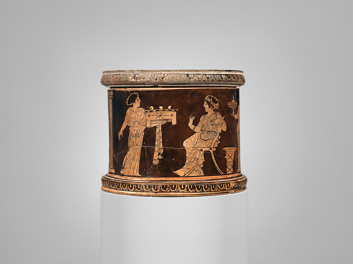 Terracotta pyxis (box), Attributed to the manner of the Meidias Painter, Terracotta, Greek, Attic