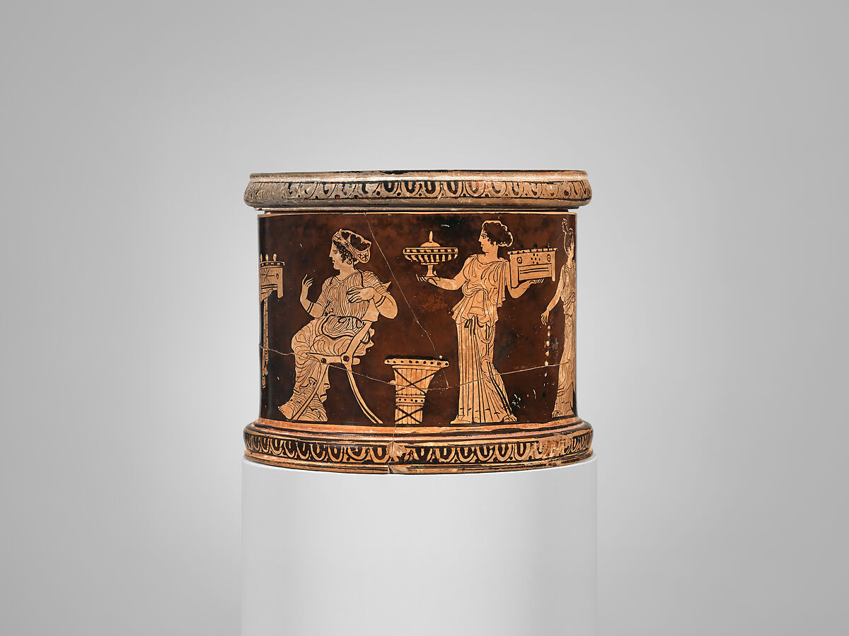 Terracotta pyxis (box), Attributed to the manner of the Meidias Painter, Terracotta, Greek, Attic