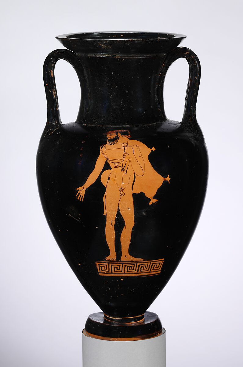 Terracotta Nolan neck-amphora (jar), Attributed to the Oionokles Painter, Terracotta, Greek, Attic 