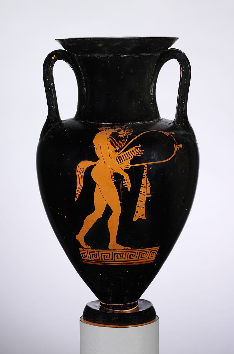 Terracotta Nolan neck-amphora (jar), Attributed to the Oionokles Painter, Terracotta, Greek, Attic