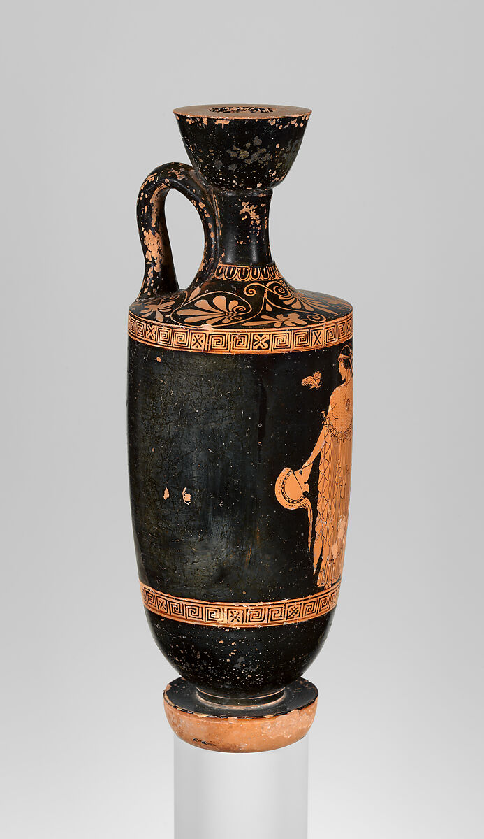 Terracotta lekythos (oil flask), Attributed to the Brygos Painter, Terracotta, Greek, Attic