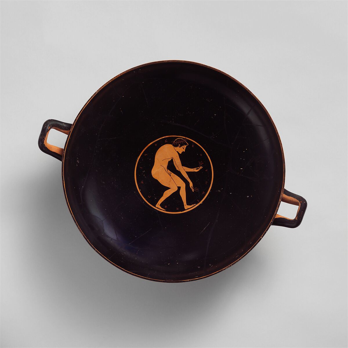 Terracotta kylix (drinking cup), Attributed to the Euergides Painter, Terracotta, Greek, Attic 