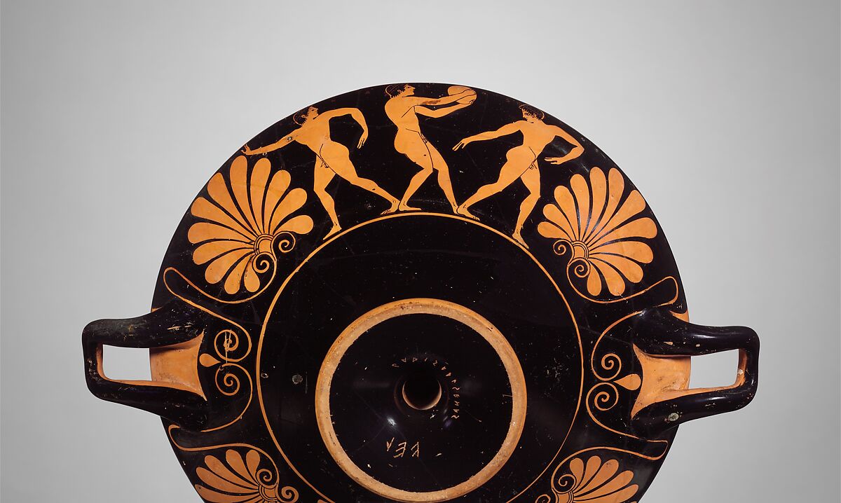 Terracotta kylix (drinking cup), Attributed to the Euergides Painter, Terracotta, Greek, Attic