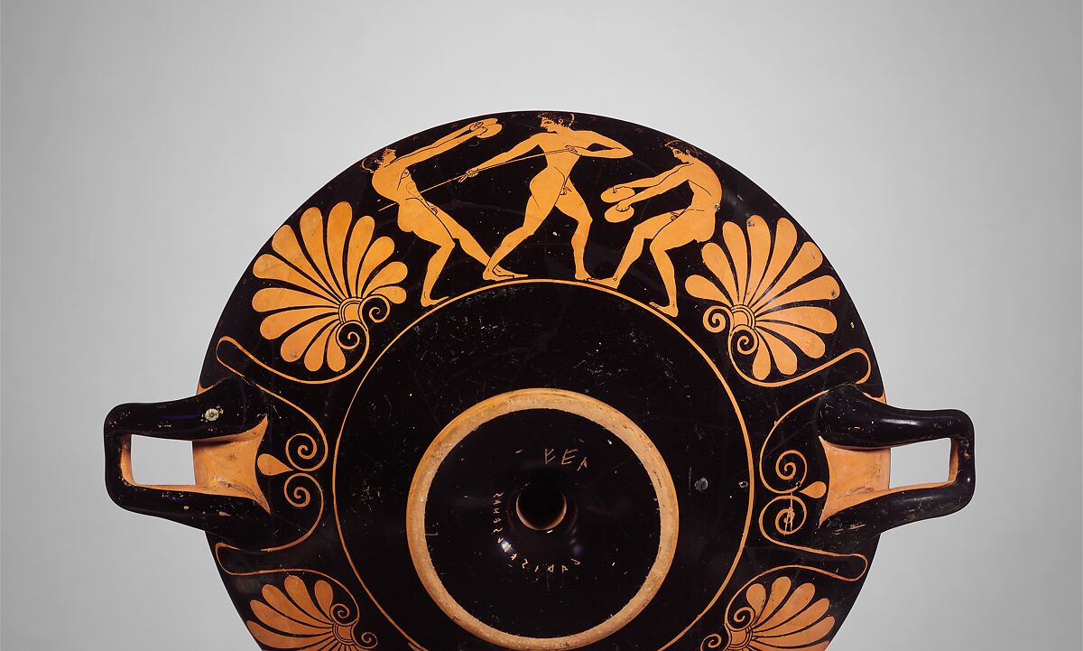Terracotta kylix (drinking cup), Attributed to the Euergides Painter, Terracotta, Greek, Attic