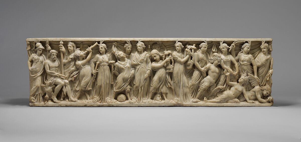 Marble sarcophagus with the contest between the Muses and the Sirens, Marble, Pentelic, Roman 