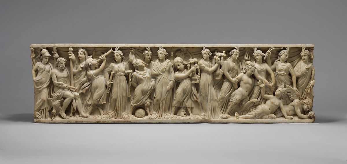 Marble sarcophagus with the contest between the Muses and the Sirens, Marble, Pentelic, Roman