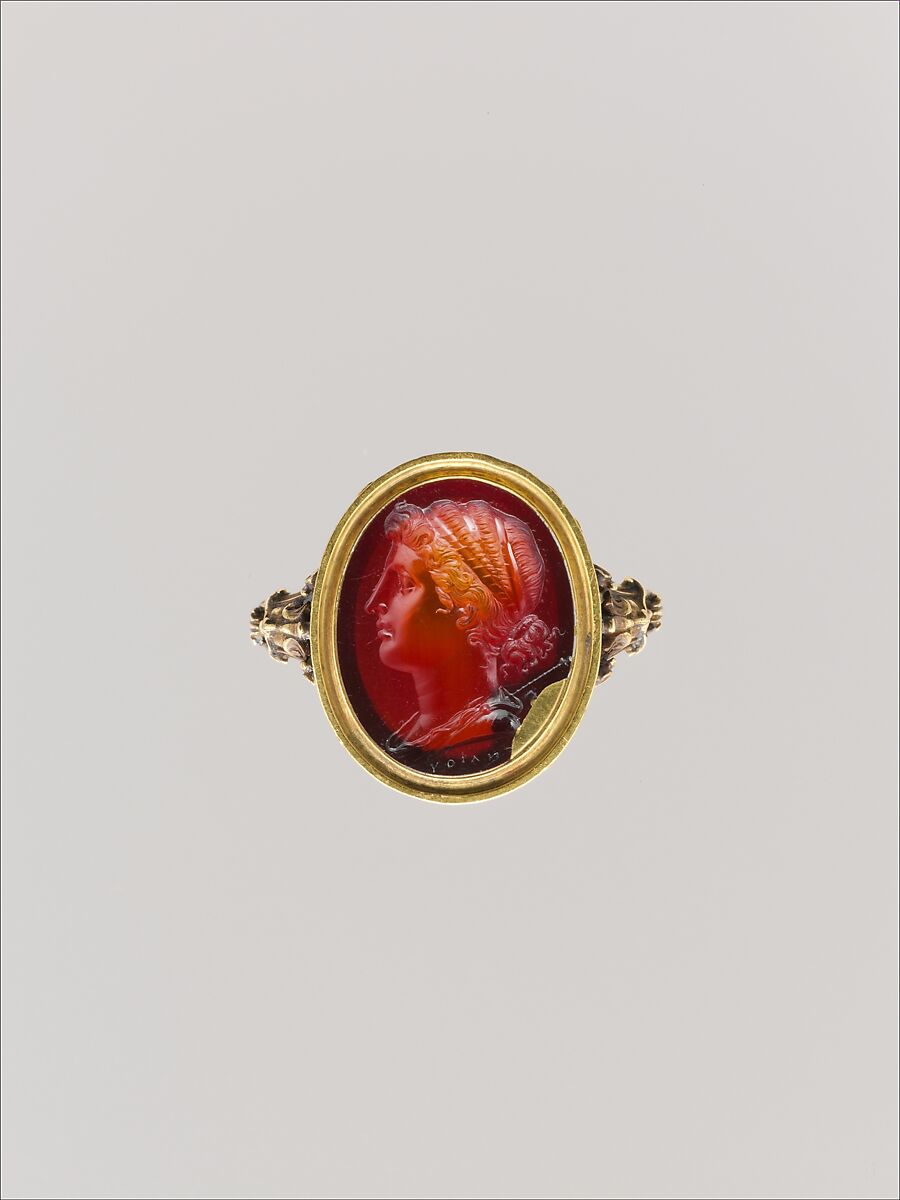 Carnelian oval set in a 17th–18th century gold ring, Gnaios, Carnelian, Roman