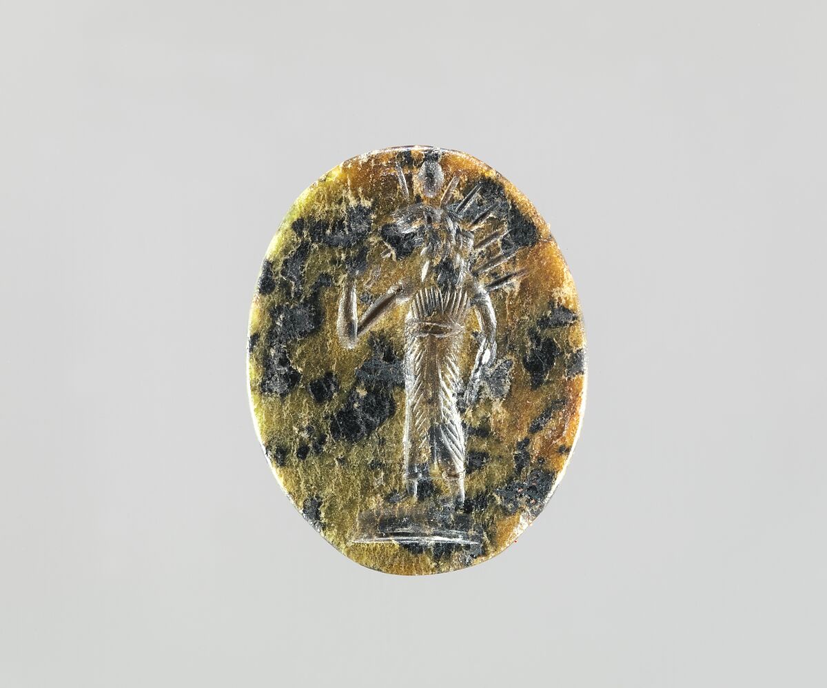 Serpentine intaglio: Radiate lion-headed god, Serpentine, Roman 