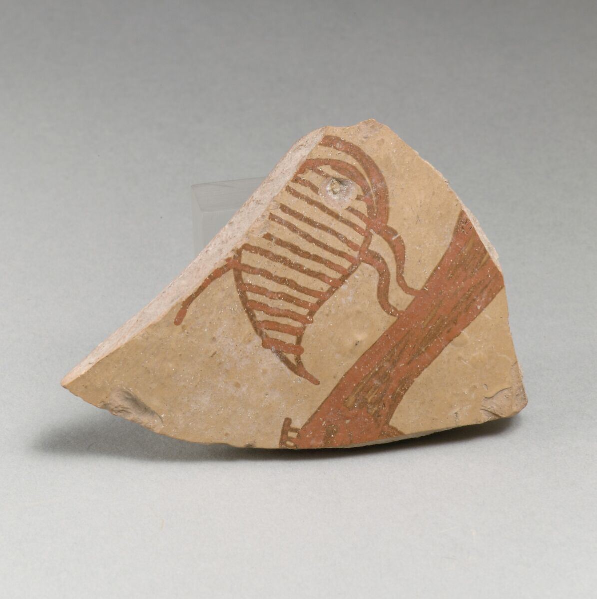 Terracotta vessel fragment (probably from a krater) with bird, Terracotta, Mycenaean 