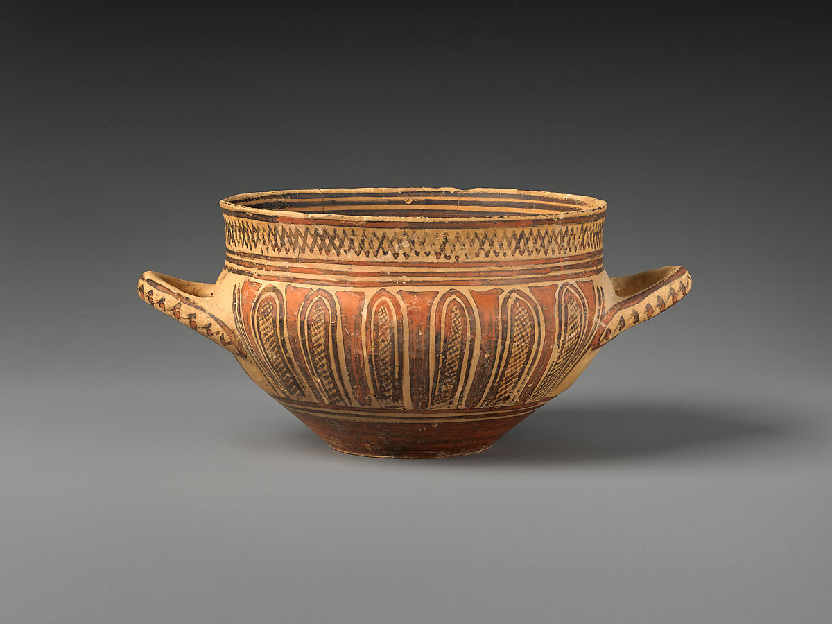 Terracotta skyphos (drinking cup with two handles), Terracotta, Greek, Attic 